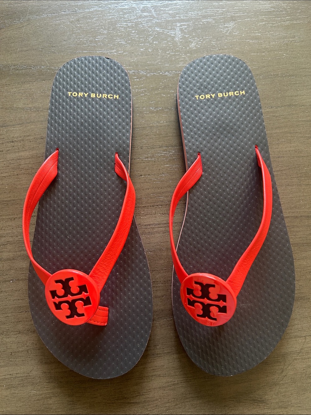 Tory Burch Red Strap Black Footbed Logo Flip Flops
